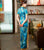 Vestido chino de terciopelo cheongsam tradicional de longitud completa con mangas 3/4 con borde de encaje