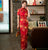 Robe chinoise traditionnelle en velours Cheongsam à manches 3/4 avec bord en dentelle