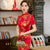 Robe chinoise traditionnelle en velours Cheongsam à manches 3/4 avec bord en dentelle