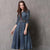 Half Sleeve Retro Chinese Style Jean Dress with Floral Embroidery Belt