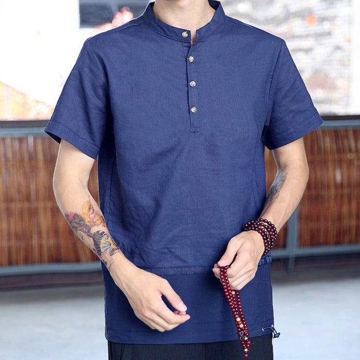 Camisa china de hombre retro de media manga de algodon distintivo
