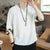 V Neck Signature Cotton Chinese T-shirt with Brocade Cuff