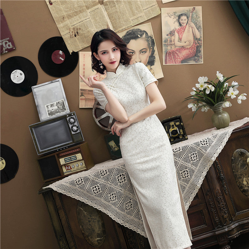 Short Sleeve Floral Lace Tea Length Cheongsam Prom Dress