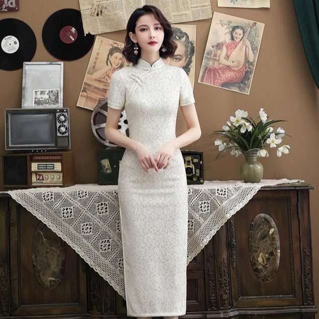 Short Sleeve Floral Lace Tea Length Cheongsam Prom Dress