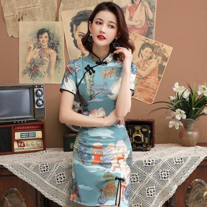 Front Split Landscape Pattern Modern Cheongsam Chinese Dress Green / XS Front Split Landscape Pattern Modern Cheongsam Chinese Dress Green / XS