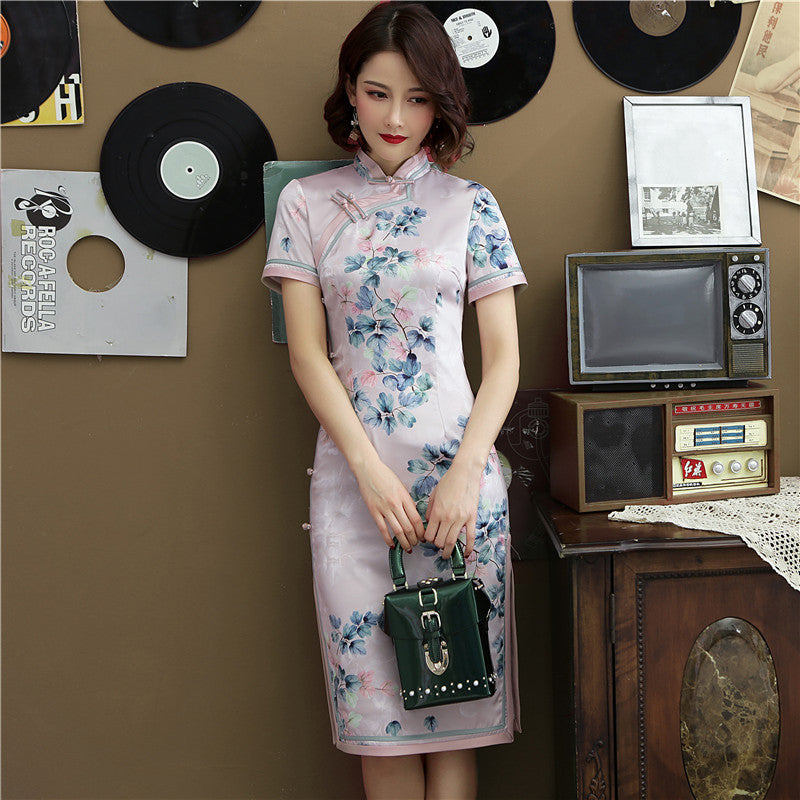 Short Sleeve Modern Cheongsam Floral Silk Chinese Dress