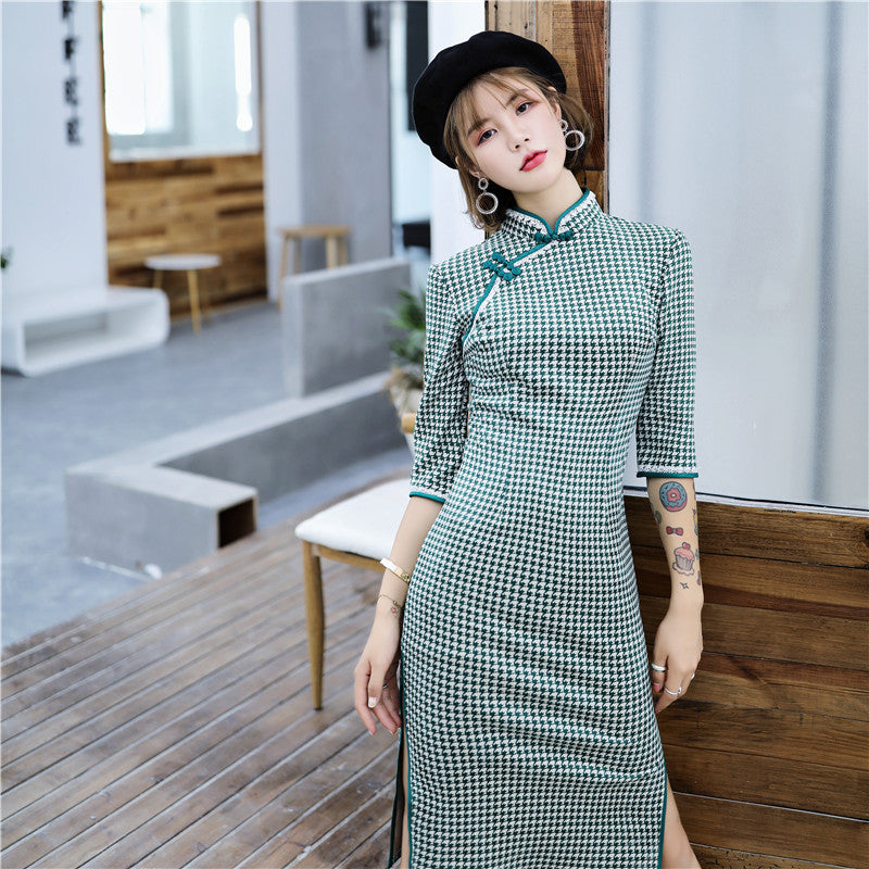 Half Sleeve Knee Length Suede Modern Cheongsam Chinese Style Plaids Dress