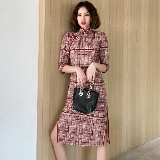 Half Sleeve Knee Length Suede Modern Cheongsam Chinese Style Day Dress