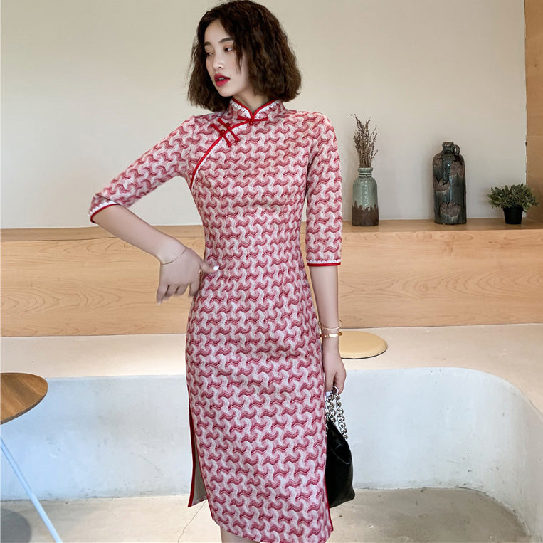 Knee Length Ruched Pattern Suede Modern Cheongsam Chinese Style Day Dress