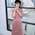Vestido chino cheongsam retro de gamuza floral hasta la rodilla de media manga