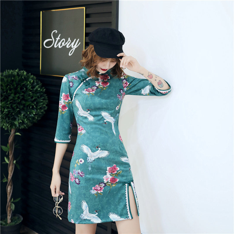 Half Sleeve Knee Length Floral Suede Modern Cheongsam Chinese Dress