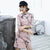 3/4 Sleeve Knee Length Floral Suede Cheongsam Chinese Dress with Strap Buttons