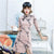 3/4 Sleeve Knee Length Floral Suede Cheongsam Chinese Dress with Strap Buttons