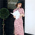 3/4 Sleeve Tea Length Floral Suede Cheongsam Chinese Dress