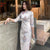 Robe chinoise en brocart floral à manches 3/4 rétro Cheongsam longueur genou