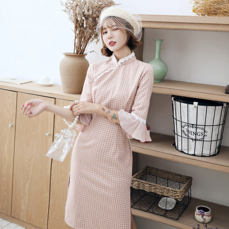 Puff Sleeve Woolen Cheongsam Chinese Style Plaids Dress