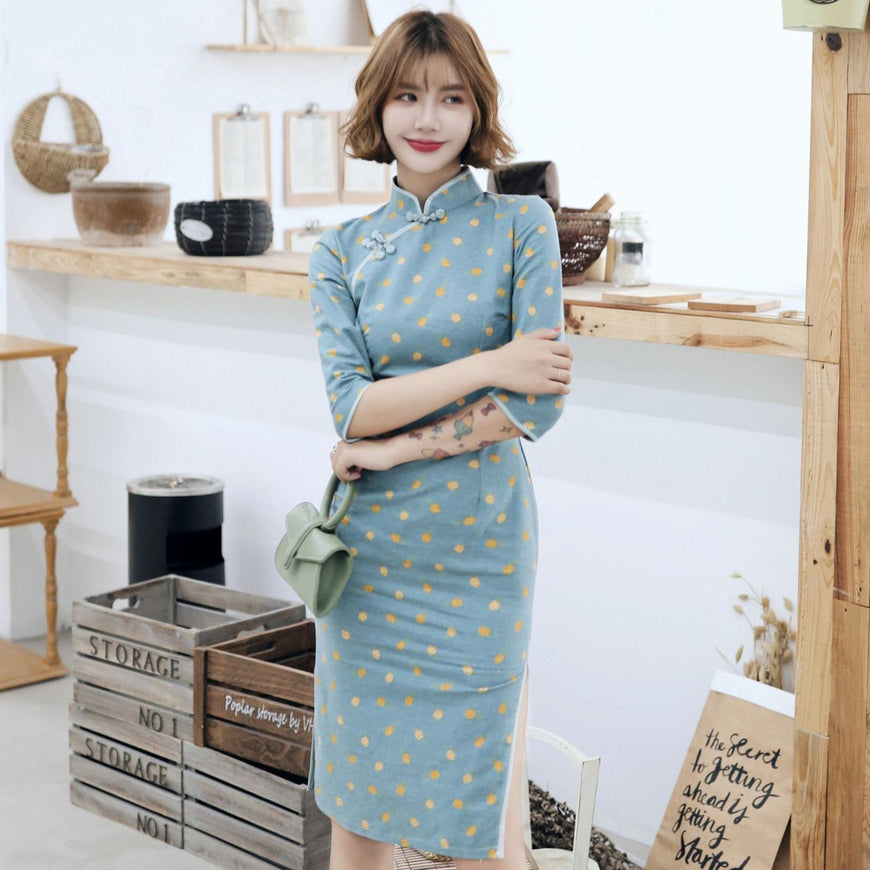 Half Sleeve Polka Dot Pattern Signature Cotton Cheongsam Chinese Dress