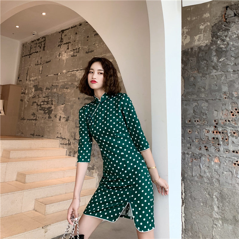 Half Sleeve Modern Cheongsam Spandex Polka Dots Chinese Dress