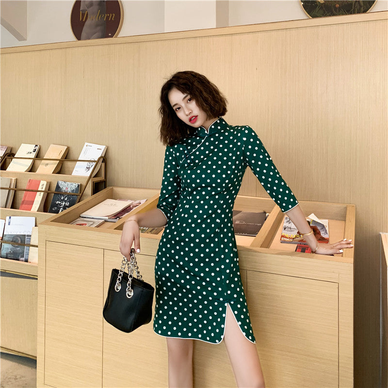 Half Sleeve Modern Cheongsam Spandex Polka Dots Chinese Dress