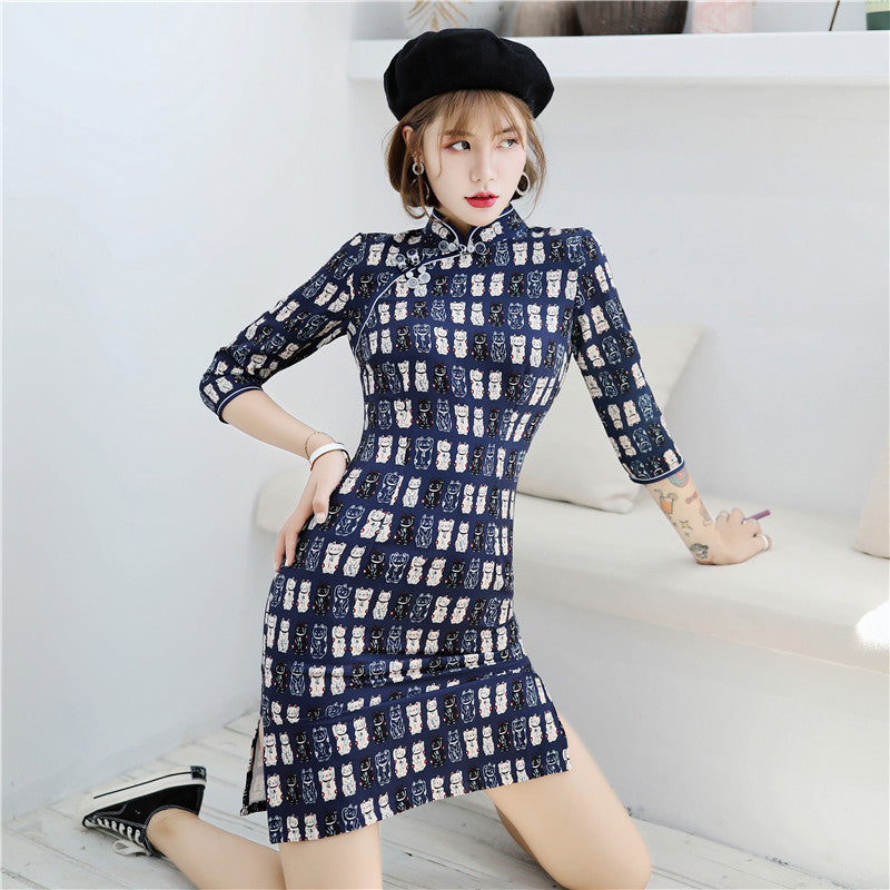 Half Sleeve Fortune Cat Pattern Cheongsam Spandex Chinese Dress