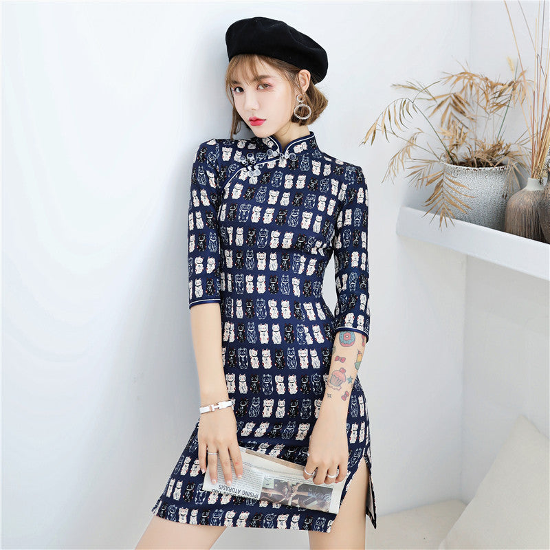 Half Sleeve Fortune Cat Pattern Cheongsam Spandex Chinese Dress