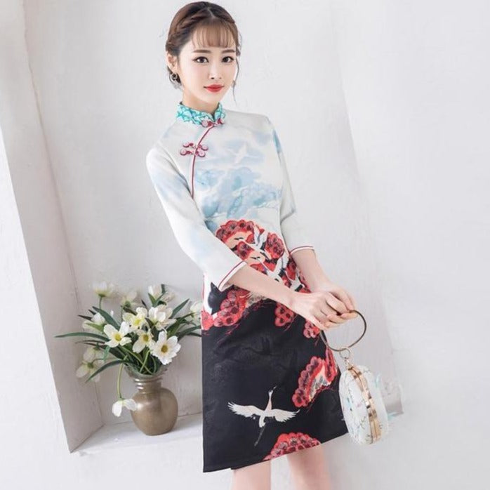 3/4 Sleeve Crane & Floral Pattern Cheongsam Spandex Chinese Dress