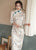 Floral Suede Traditional Cheongsam Knee Length Day Dress with Lace Edge