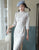 Suede Traditional Cheongsam Knee Length Plaid Dress with Lace Edge