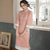 Trumpet Sleeve Modern Cheongsam Floral Suede Dress with Lace Edge