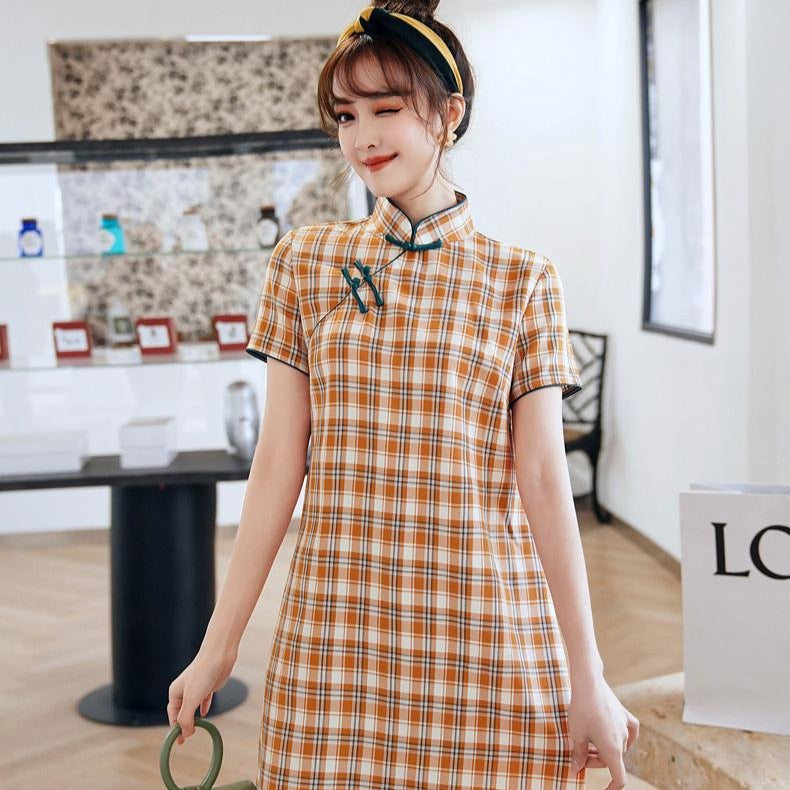 modern chinese style dress Signature Cotton Modern Cheongsam Chinese Style Plaids Dress Khaki / XXL