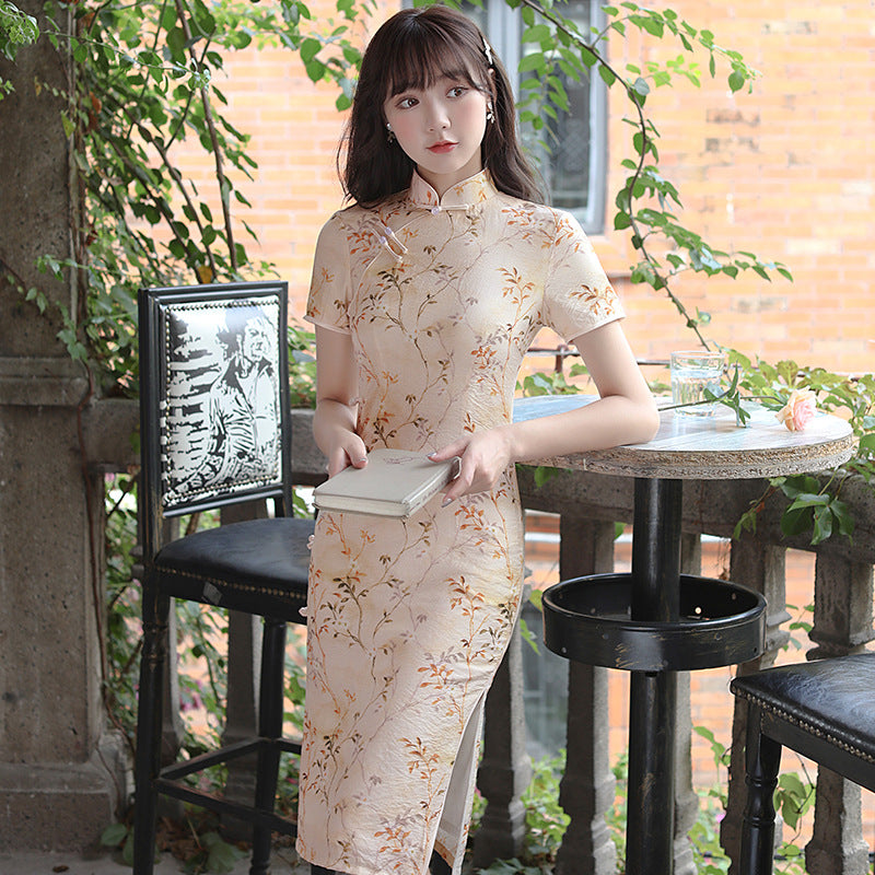 Floral Ramie Knee Length Modern Cheongsam Chic Girl Dress Beige / L Floral Ramie Knee Length Modern Cheongsam Chic Girl Dress Beige / L