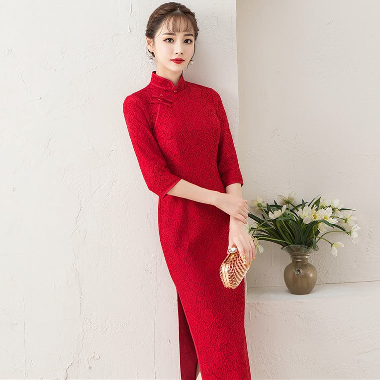Half Sleeve Floral Lace Modern Cheongsam Tea Length Chinese Dress