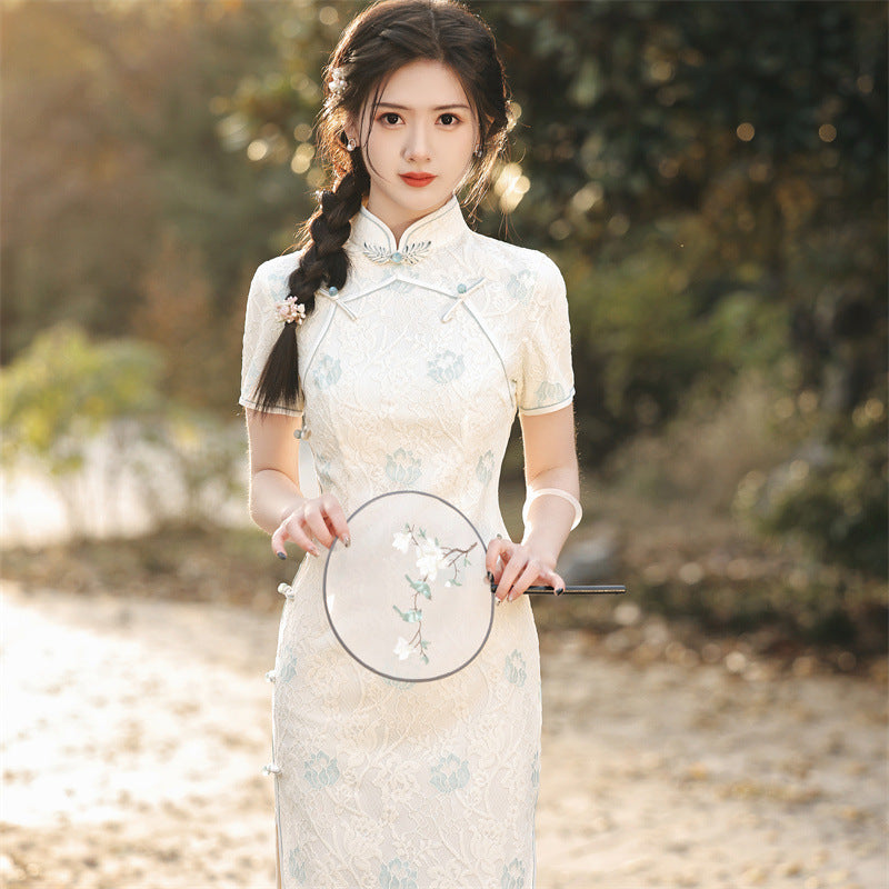 Elegant and Artistic Compound Lace Round Collar Cheongsam Dress Beige / XS Elegant and Artistic Compound Lace Round Collar Cheongsam Dress Beige / XS