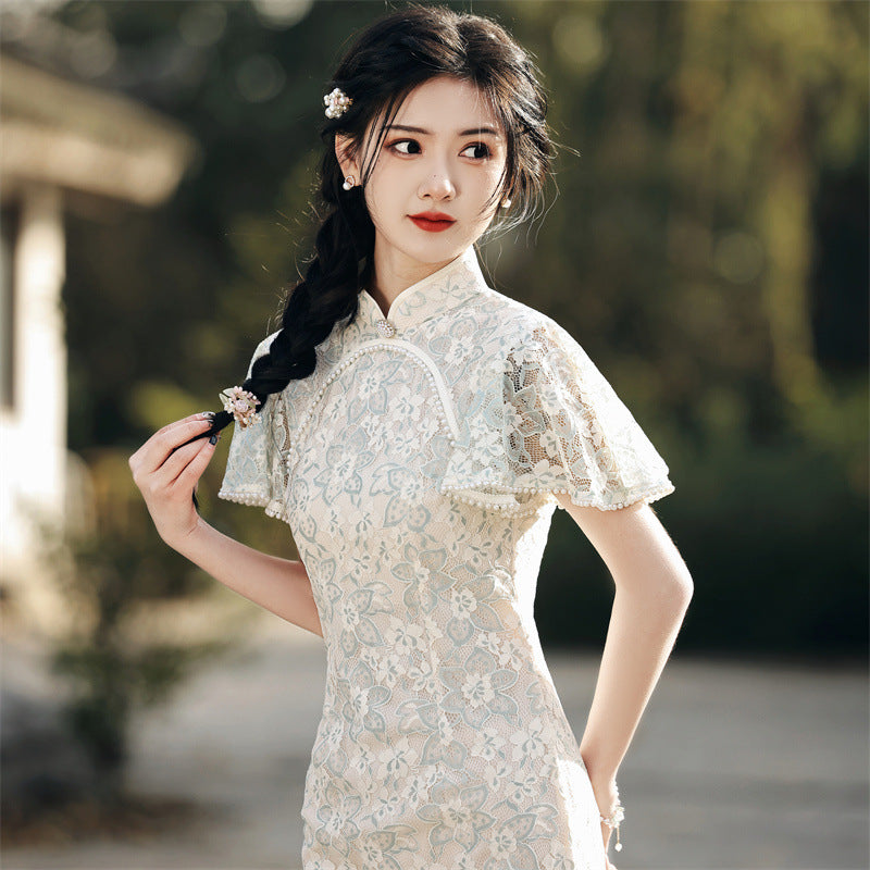 Elegant and Artistic Compound Lace Round Collar Cheongsam Dress with Ruffle Sleeve Green / S Elegant and Artistic Compound Lace Round Collar Cheongsam Dress with Ruffle Sleeve Green / S