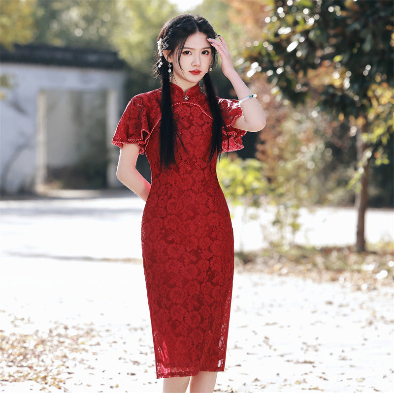 Elegant and Artistic Compound Lace Tea Length Cheongsam Dress with Ruffle Sleeve Green / XL Elegant and Artistic Compound Lace Tea Length Cheongsam Dress with Ruffle Sleeve Green / XL