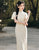 Elegant and Artistic Compound Lace Tea Length Cheongsam Dress with Ruffle Sleeve