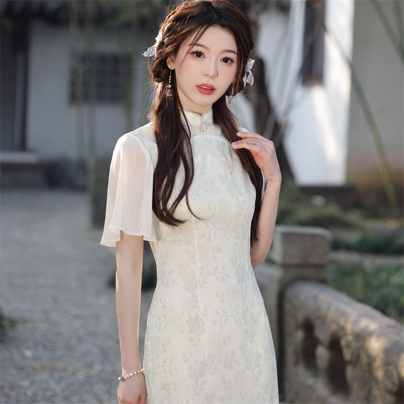 Elegant and Artistic Compound Lace Ruffle Sleeve Cheongsam Dress Day D ...