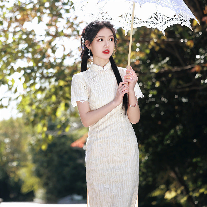 Elegant Lace Cheongsam Dress Long and Breathable Qipao with Lace Trim Beige / XL Elegant Lace Cheongsam Dress Long and Breathable Qipao with Lace Trim Beige / XL