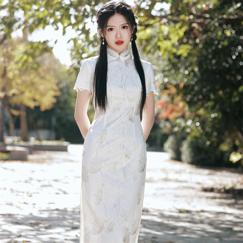 Mandarin Collar Floral Lace Cheongsam Dress Long and Breathable Qipao White / XL Mandarin Collar Floral Lace Cheongsam Dress Long and Breathable Qipao White / XL