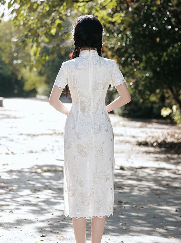 Mandarin Collar Floral Lace Cheongsam Dress Long and Breathable Qipao White / XL Mandarin Collar Floral Lace Cheongsam Dress Long and Breathable Qipao White / XL