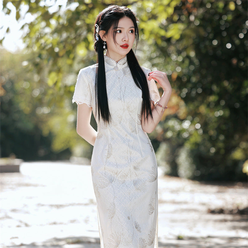 Mandarin Collar Floral Lace Cheongsam Dress Long and Breathable Qipao White / XL