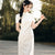 Floral Lace Cheongsam Dress Long and Breathable Qipao with Strap Buttons