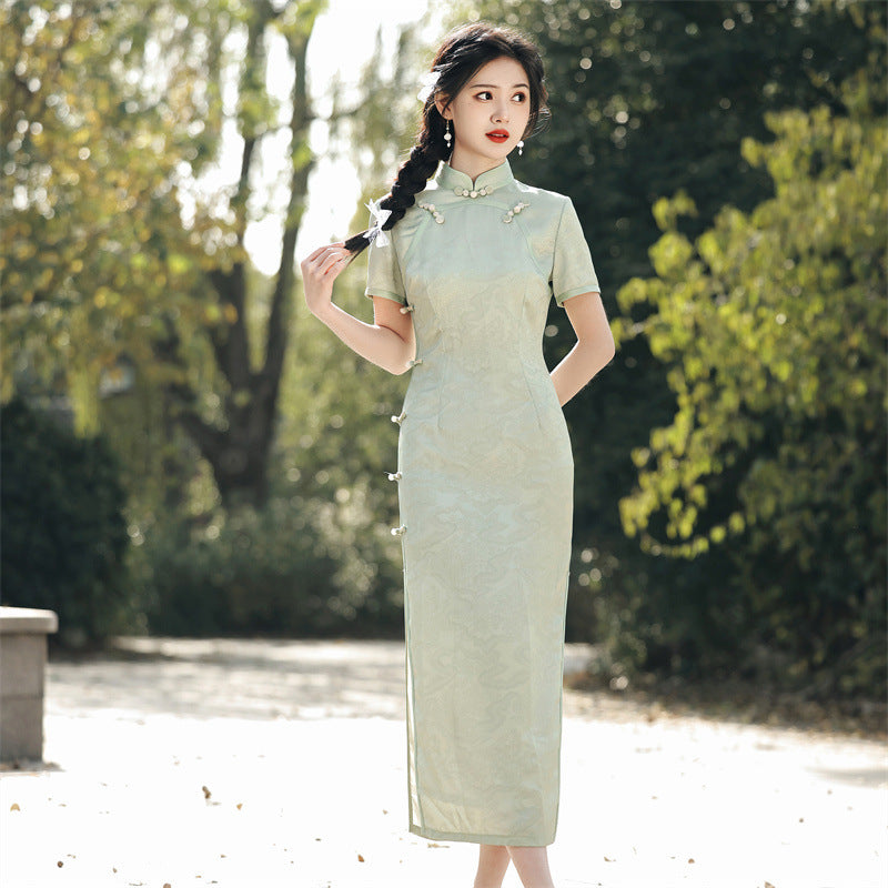 Full Length Floral Cheongsam Dress Long and Breathable Qipao with Frog Buttons Green / L Full Length Floral Cheongsam Dress Long and Breathable Qipao with Frog Buttons Green / L