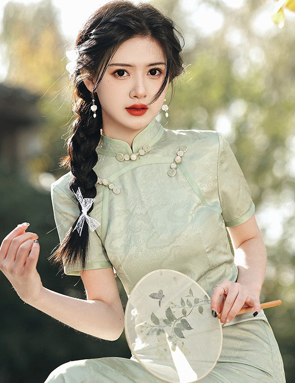long frog dress Full Length Floral Cheongsam Dress Long and Breathable Qipao with Frog Buttons Green / L
