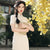 Full Length Floral Embroidery Cheongsam Dress Long and Breathable Qipao