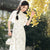 Tea Length Floral Cheongsam Dress Long and Breathable Qipao with Flared Sleeves