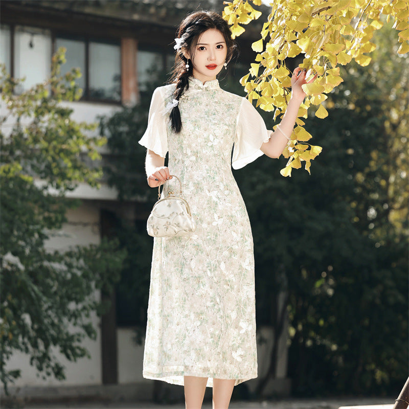 Tea Length Floral Cheongsam Dress Long and Breathable Qipao with Flare IDREAMMART Tea Length Floral Cheongsam Dress Long and Breathable Qipao with Flare IDREAMMART