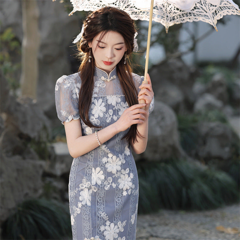 Front Slit Embroidered Mesh Cheongsam Dress with Bubble Sleeves Blue / XS Front Slit Embroidered Mesh Cheongsam Dress with Bubble Sleeves Blue / XS