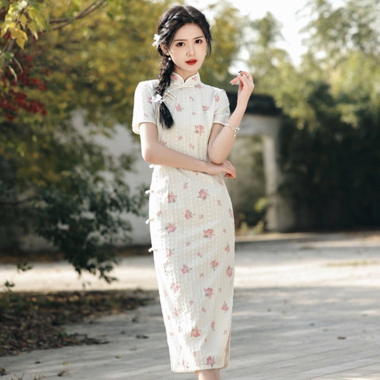 Tea-Length Chiffon Cheongsam Dress with Floral Print and Short Sleeves Pink / S Tea-Length Chiffon Cheongsam Dress with Floral Print and Short Sleeves Pink / S