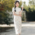 Tea-Length Chiffon Cheongsam Dress with Floral Print and Short Sleeves